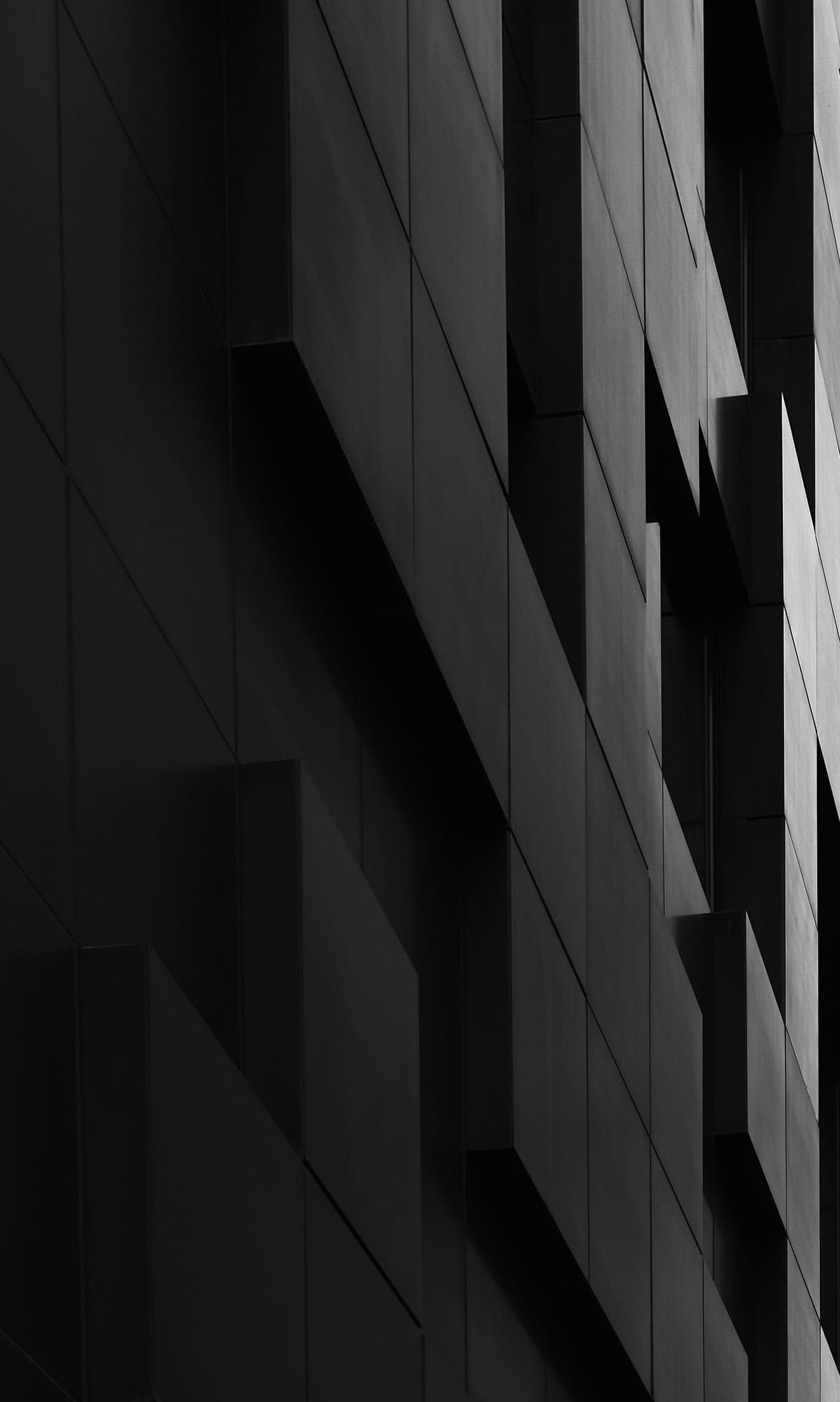 Panneaux de façade sombres en lumière rasante.